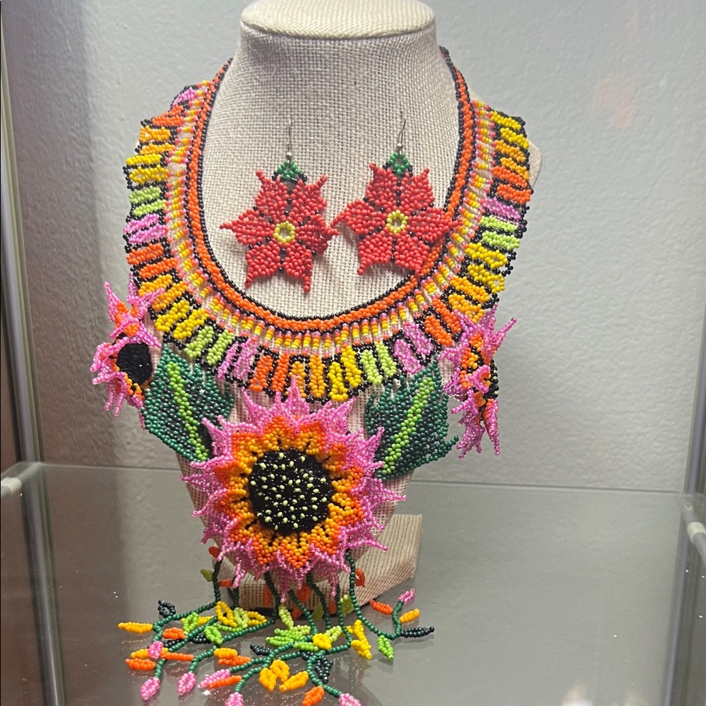 Vibrant Floral Beaded Necklace and Earring Set